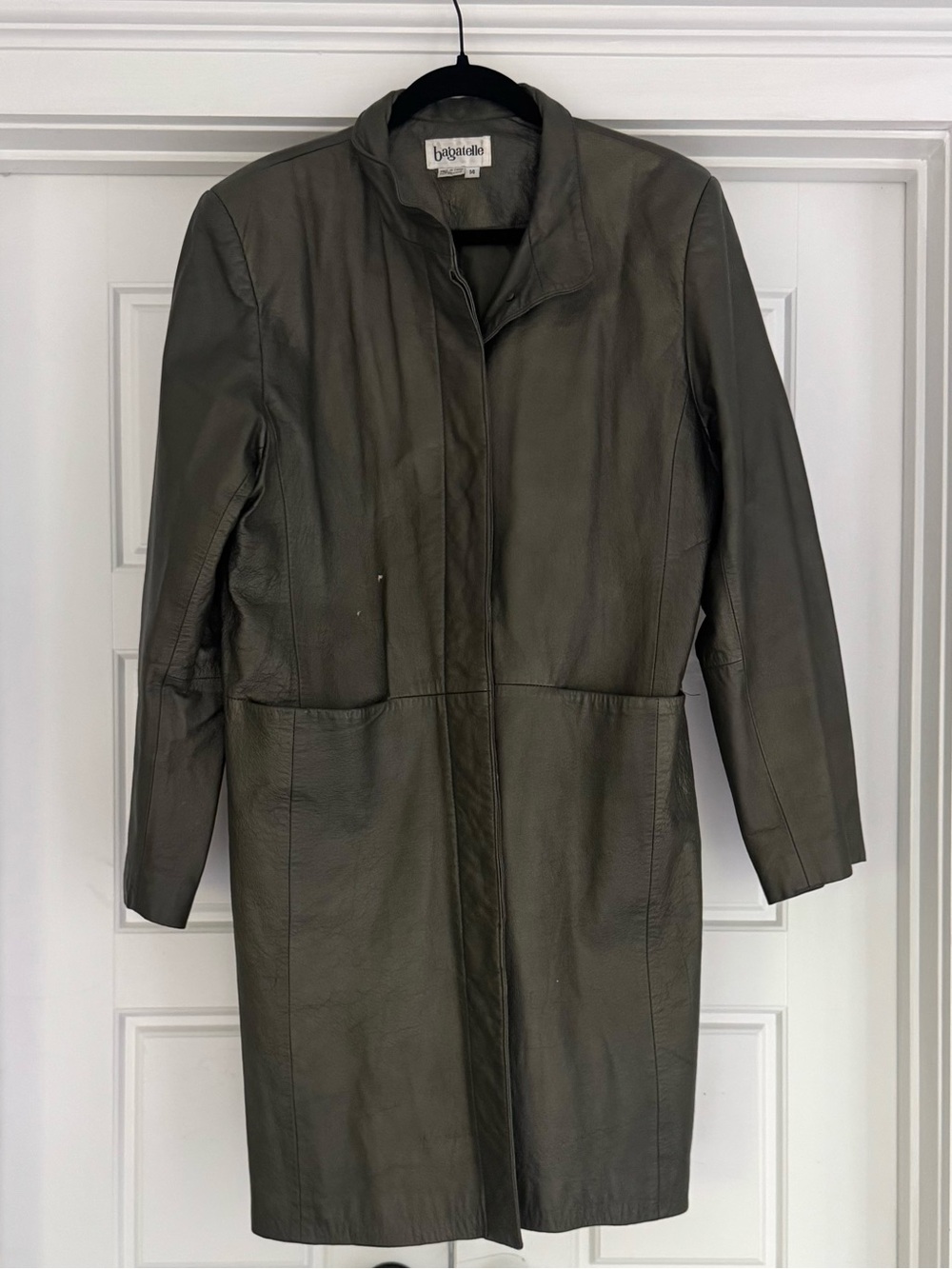 Bagatelle Olive Green Long Leather Jacket, size 14
